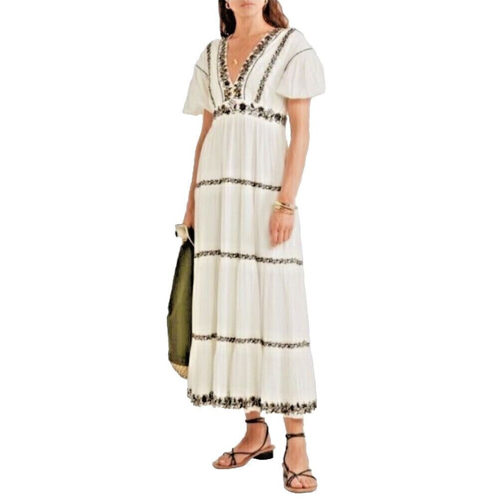 Stevie Hender Ivory embroidered women drop  bohemian shoulder midi dress size S